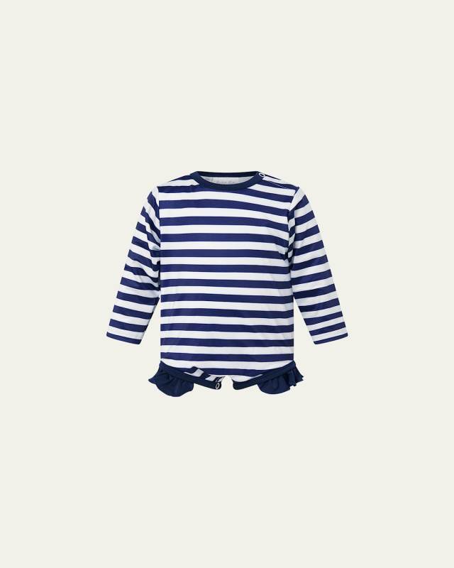 Girl's Breton Stripe Frill Rashguard One-Piece Swimsuit, Size 6M-24